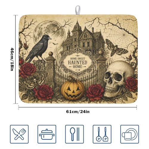 Ghost Skull Halloween Dish Drying Mat - 18x24 Inch Absorbent Microfiber Kitchen Mat