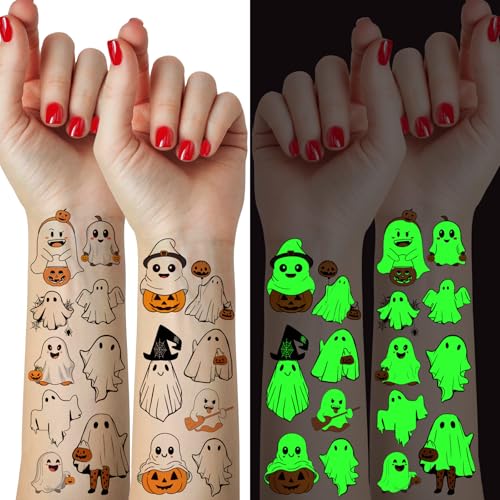 Glow in the Dark Halloween Ghost Tattoos - 12 Sheets, Waterproof & Long Lasting