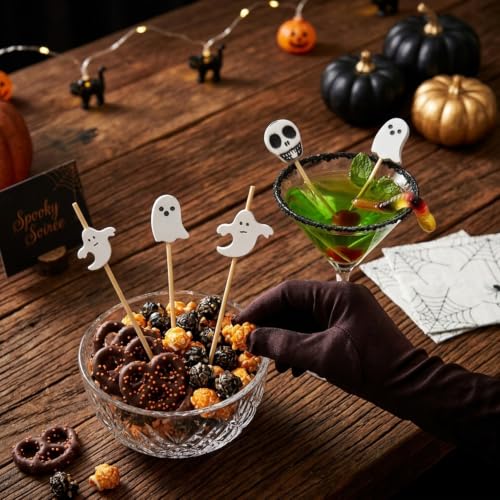 100PCS Halloween White Ghost Cocktail Picks - 4.7 Inch Food Skewers - Ghost Theme