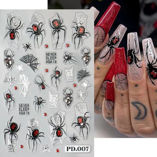Halloween Nail Stickers with Rhinestones - Ghost Variation, Self-Adhesive Skeleton Spider Web 4 Sheets