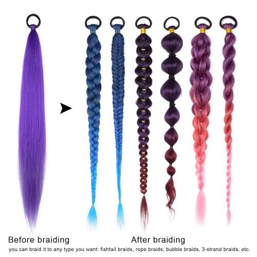 2 Pack 26 Inch Purple Ponytail Extensions with Elastic Tie for Women - Hot Water Shaping
