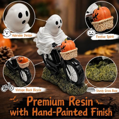 Halloween Ghost Riding Bicycle Figurine with Pumpkin - Table Decor, Party Centerpiece, Seasonal Home Accent - Variation of Bicycle