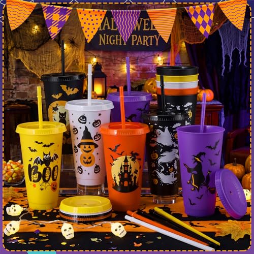 Halloween Plastic Tumblers with Lids & Straws - 12 Pack 20oz Reusable Party Cups