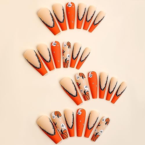 Halloween Press On Nails Long Coffin Orange French 24Pcs - Ghost & Pumpkin Design