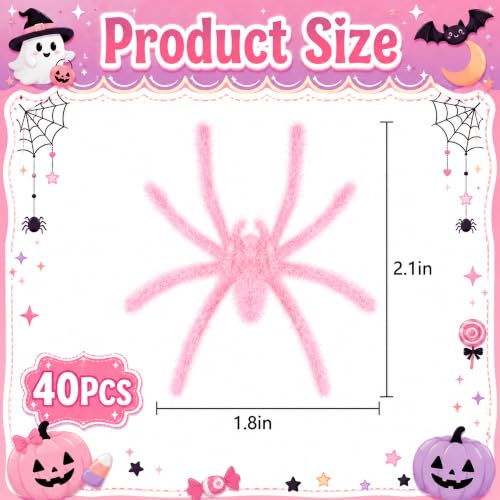 Halloween Mini Pink Fuzzy Spiders Set - 40 Pack for Decorations & Party Favors