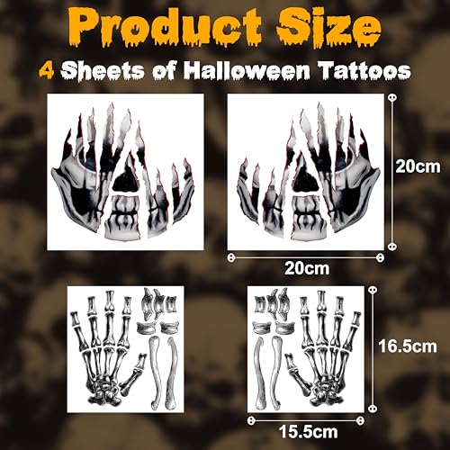 Halloween Face Tattoos Set - Waterproof Skeleton Zombie & Clown Designs for Costume Makeup