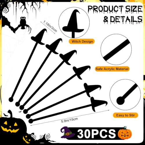 Black 5.9 Inch Halloween Witch Hat Cocktail Stir Sticks - 30pcs Reusable Acrylic Drink Picks