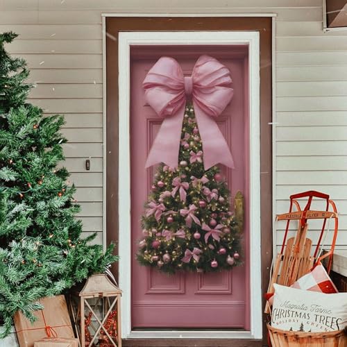 Pink Bow Christmas Door Cover - Stretch Fabric Holiday Porch Decor 35x79 in (Variation of THIS listing)