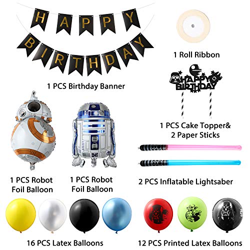 Galaxy Wars Party Favor Set with Balloons, Banners, Cake Topper & Light Sabers