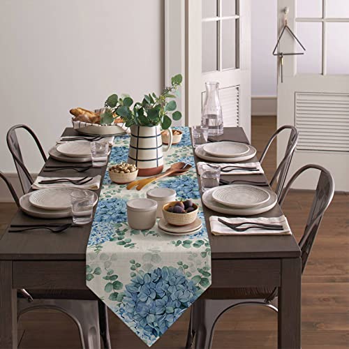 Farmhouse Eucalyptus Blue Hydrangea Linen Table Runner 13x72 Inch - Washable Non-Slip Decor
