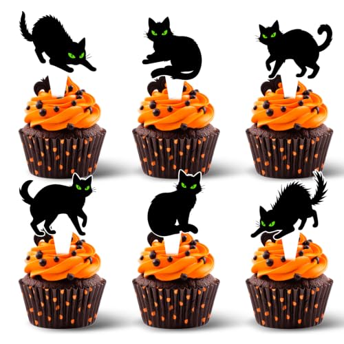 Halloween Black Cat Cupcake Topper - Green Eyes, Reusable, 36 Pack - Variation: Black Cat