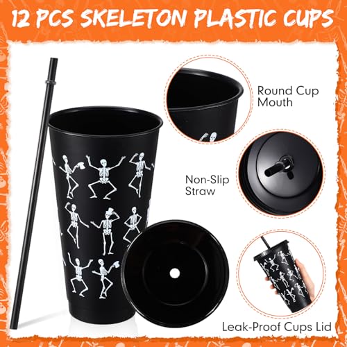 Skeleton Plastic Cups with Lids & Straws - Black Halloween Party Bulk 24 oz Variation of Skeleton / Black