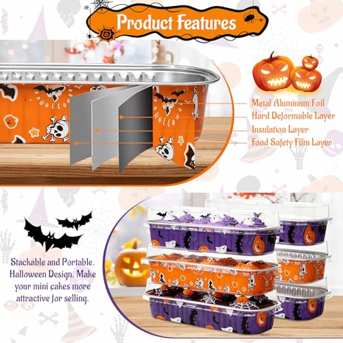 Halloween Mini Cake Pans with Lids & Spoons - 50 Pack, 6.8Oz Disposable Aluminum Tins, Party & Sale