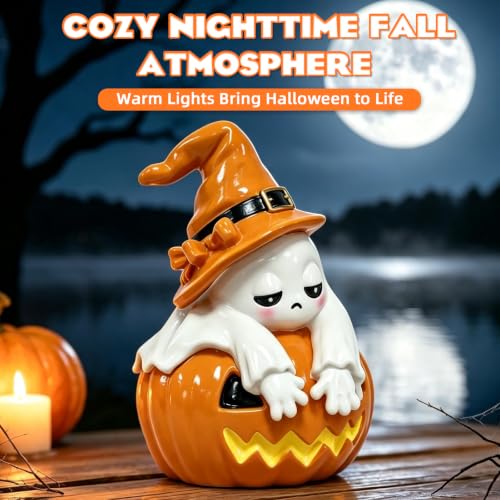 Halloween Ghost Pumpkin Figurine with Light - Resin Tabletop Decor