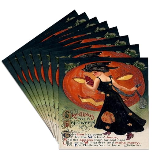 Vintage Halloween Lady Ceramic Coasters Set of 8 - Black Art Deco Style
