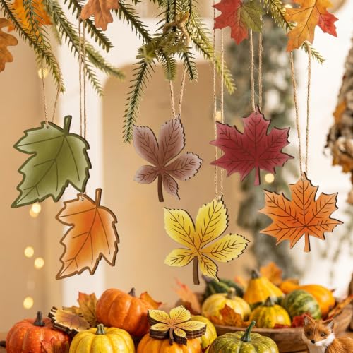 Trendy Fall Wooden Maple Leaf Ornaments for Tree - 24 pcs Halloween Thanksgiving Decor