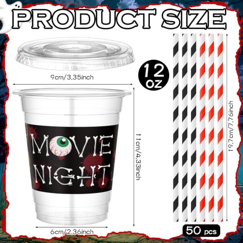 Horror Movie Night Plastic Cups with Lids & Straws - Black & Red Variation