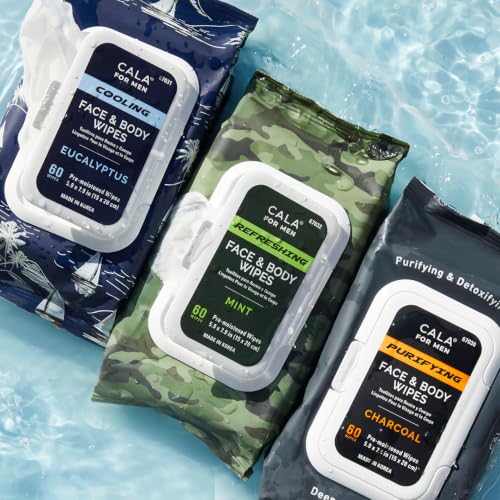 Cala Men Cooling Face & Body Wipes 60 Sheets - Unscented, Eucalyptus & Witch Hazel, Reusable Pack