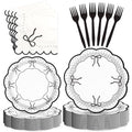 Black Bow Plates - 50 Dinner & Dessert Plates for Party & Celebration