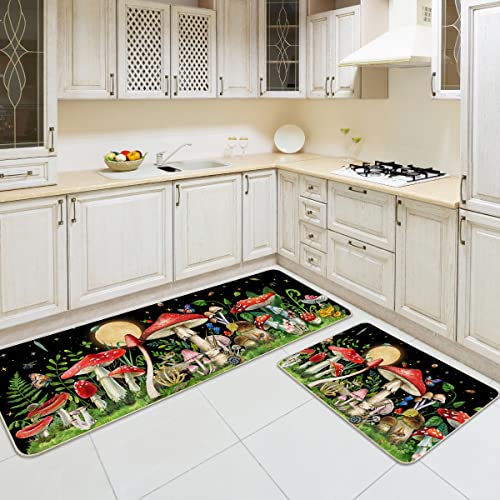 Mushroom Kitchen Rug Set of 2 - Rectangular 17x29 + 17x47 Inches, Non-Slip, Washable