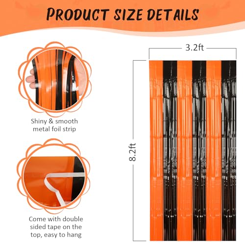Black and Orange Party Streamers 3 Pack - Foil Fringe Curtains for Halloween & Holiday Decorations