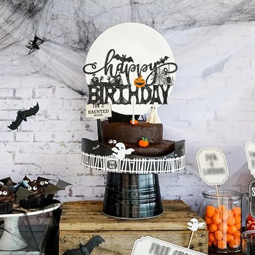 Halloween Happy Birthday Cake Topper Black Glitter Spooky Bat Party Decor