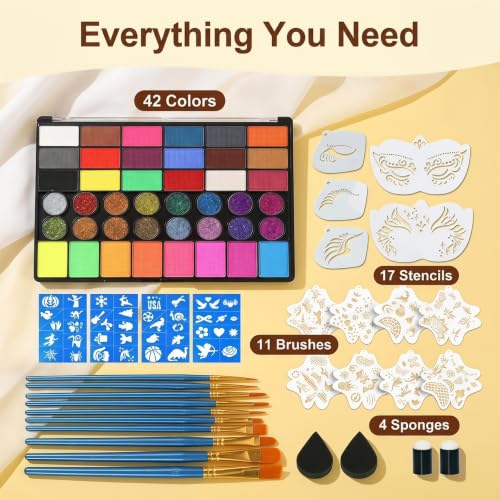 Kids & Adults Water-Activated Face Painting Kit - 42 Colors, Brushes & Stencils