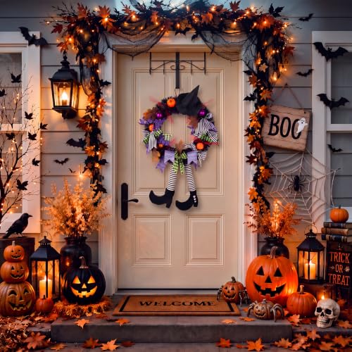 Halloween Wreath with Witch Legs and Black Hat for Front Door - Spooky Halloween Decor