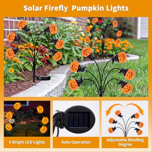 Outdoor Halloween Pumpkin Stake Lights with Solar Fireflies - Waterproof Yard Decor