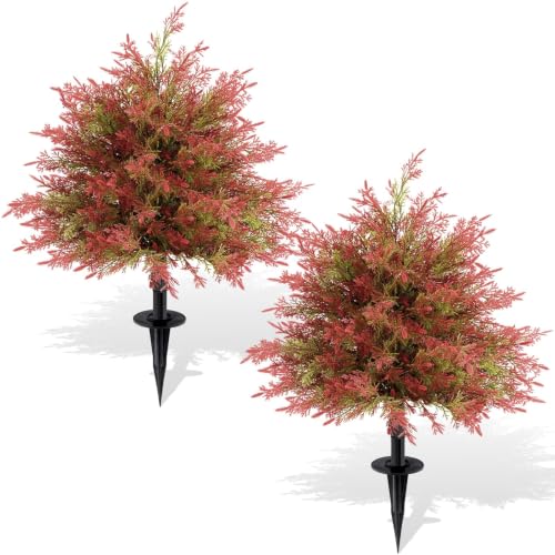 Artificial Fall Cedar Topiary Trees with Ground Stakes - Red & Green, 24-Inch
