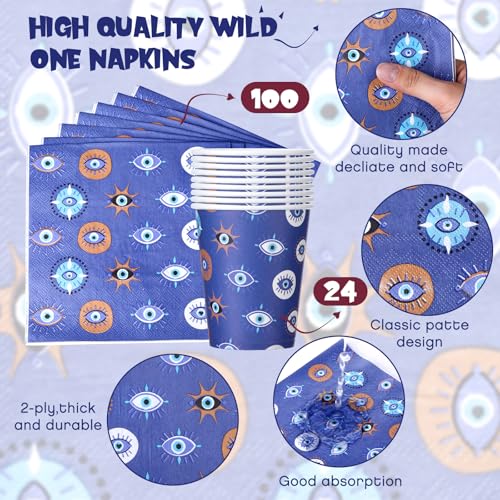 Blue Evil Eye Party Paper Plates Napkins Set - Disposable Halloween Decor 24 Servings