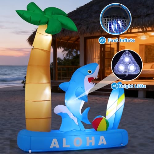 Inflatable Shark Pool Decor with Palm Tree & LED Lights - Summer Yard Decoration