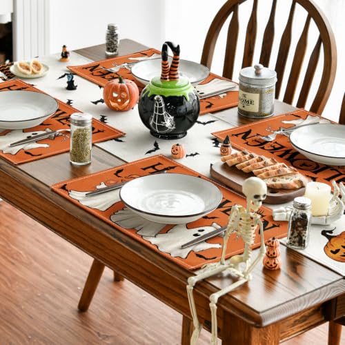Halloween Placemats Set of 4 - Orange Ghost Boo 12x18 Inches Rectangular