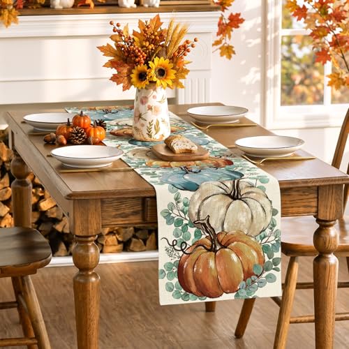 Eucalyptus Fall Pumpkins Table Runner - 13x72 Inch Autumn Thanksgiving Decor
