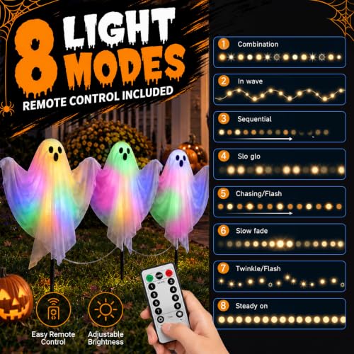 3 Pack Halloween Lighted Ghost Stakes with Remote Control & Timer - 17.7 Inch Glowing Yard Decorations for Spooky Outdoor Lawn & Garden