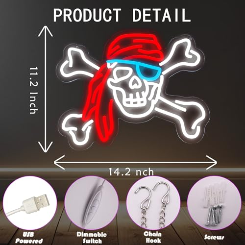 Pirate Neon Lights Skull Neon Sign - Red Bandana & Blue Eyepatch - USB Powered LED Decor - Variation: BCB-Red
