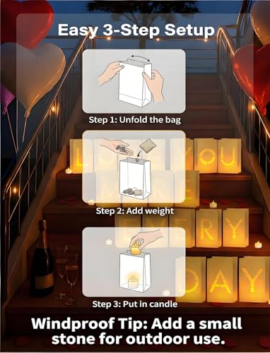 Love You More Every Day Anniversary Decorations Set - 19 Luminary Bags & LED Tea Lights