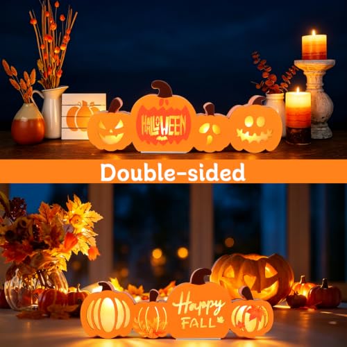 Reversible Wooden Halloween & Fall Pumpkin Decor with Warm LED Light