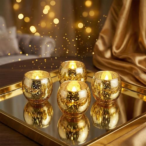 Set of 14 Gold Speckled Mercury Glass Votive Candle Holders with LED Tea Lights for Weddings & Events
