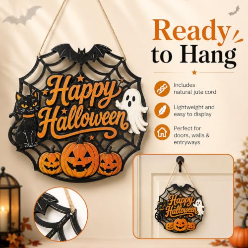 Halloween Door Sign - Wooden Spider Web Welcome Hanger with Ghost, Black Cat & Pumpkins - Farmhouse Fall Decor - Happy Halloween Variation