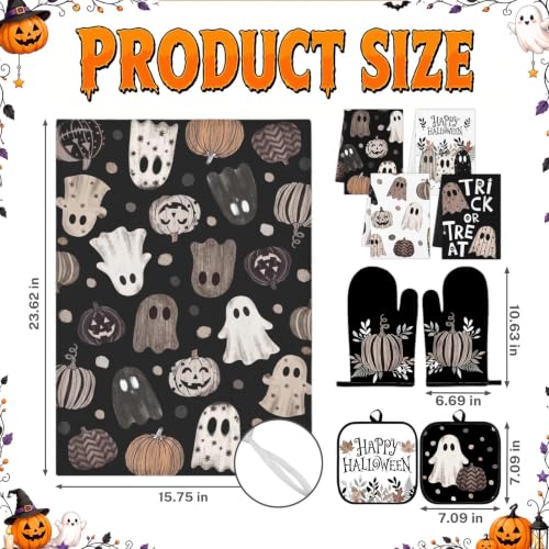 Halloween Ghost Kitchen Decor Set with Towels & Oven Mitts - Neutral Spooky Style