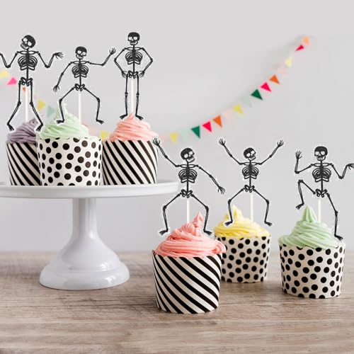 Halloween Skeleton Cupcake Toppers - 18 Pcs Gothic Party Cake Decorations