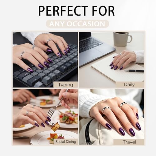 Gothic Press On Nails Set - Medium Almond Black 3D Chrome Metallic Fake Nails - Variation Gothic-1