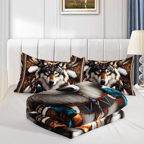 Wolf Twin Comforter Bedding Set with Pillowcases - Brown, Animal Decor