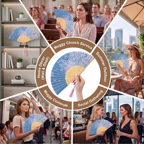 Women’s Foldable Vintage Bamboo Silk Fan - Sky Blue Handheld Fan with Tassel