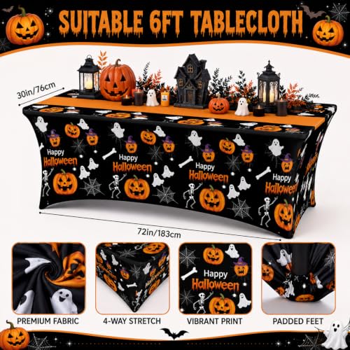 Halloween Pumpkin Ghost Spandex Tablecloth 6ft Fitted Rectangular Cover - Black, Orange, White Variation