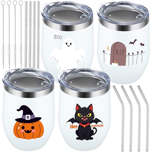 Halloween Stainless Steel Wine Tumbler Set - 4 Pack Insulated 12oz with Lids & Straws