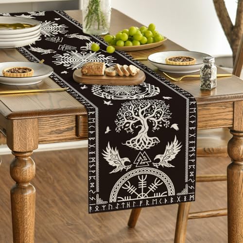 Black Viking Tree of Life Raven Table Runner 13x72-Inch Home Decor