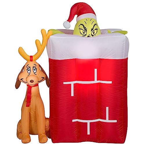 Animated Outdoor Inflatable Grinch Scene with Max and Presents - Christmas Yard Decor