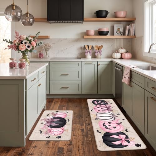 Pink Pumpkin Halloween Kitchen Mats Set of 2 - Feminine Fall Rugs